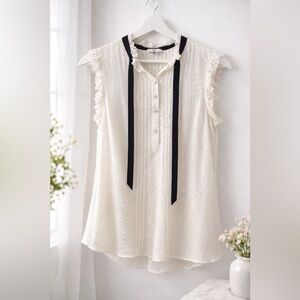 Joie Silk Blend Blouse M Ivory Clip Dot Ruffle Sleeveless Top